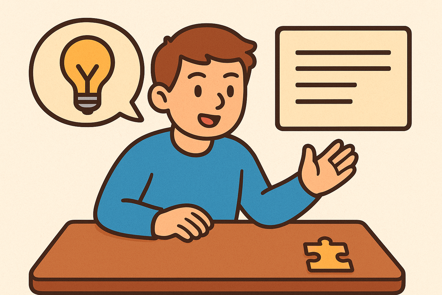 an AI generated image of a boy talking with a speech bubble to the side and another speech bubble with a light bulb.