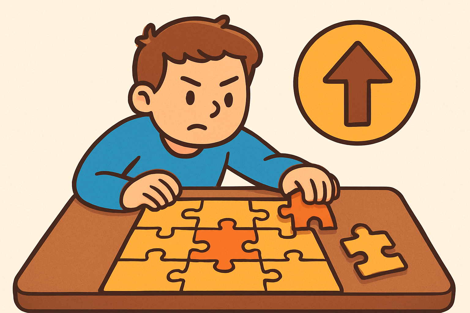 an AI generated image of a boy solving a puzzle with a determined look on his face